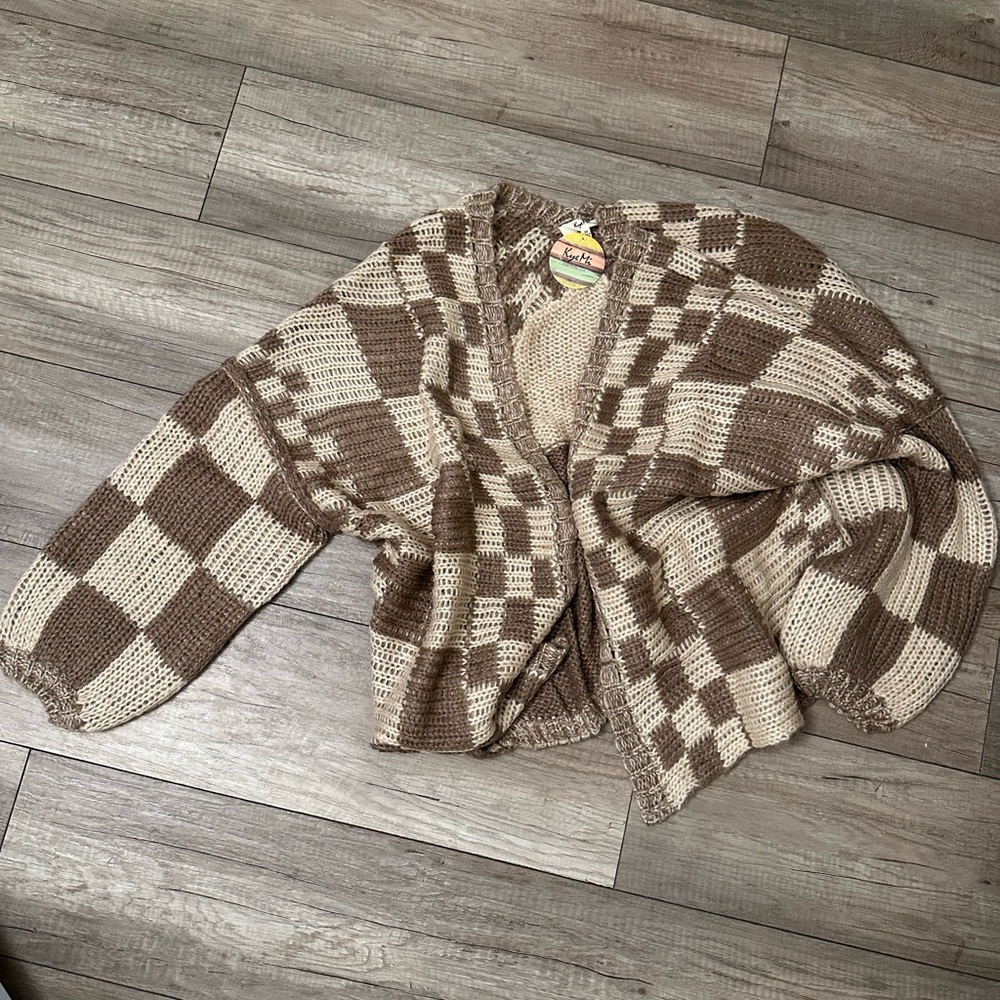 Urban Outfitters Brown and Cream Checkered Cardigan